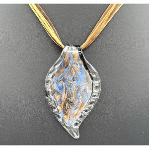 Art Glass Necklace 22" Blue Silver Leaf Encased Pendant Green Brown Ribbon Cords